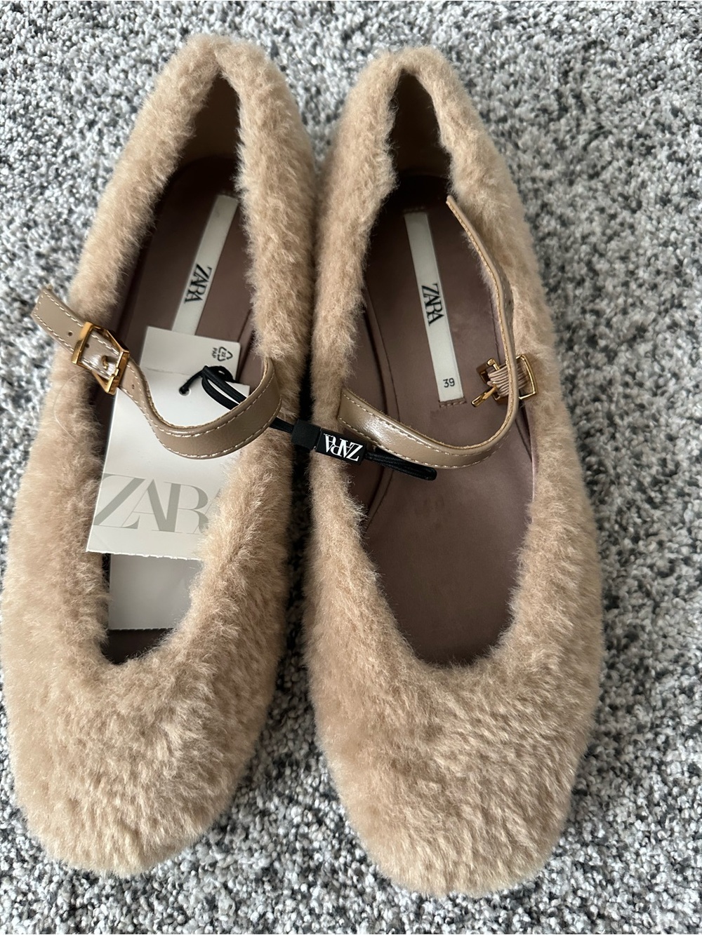 ZARA Tan Faux-Fur Mary Jane Flats with Gold Buckles